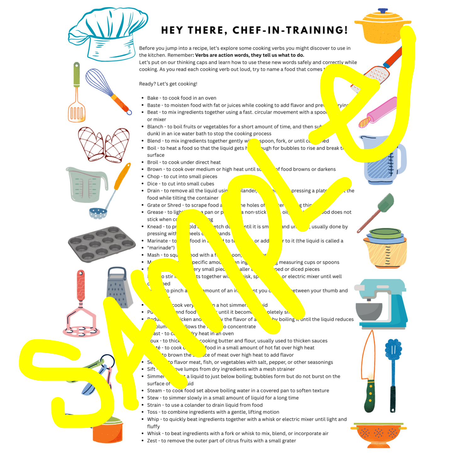 Kitchen Vocabulary Reference Sheet for Mini Chefs & Curious Cooks - digital download